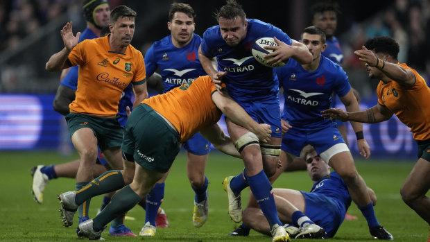 Anthony Jelonch drives hard in France’s win over the Wallabies.
