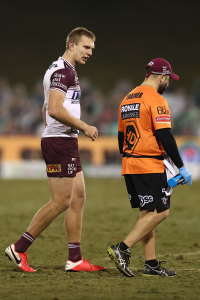 Tom Trbojevic trudges off after injuring his hamstring against the Raiders in round six last season.