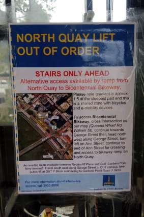 Directions posted on the North Quay ferry terminal lift, describing the detour routes, which can be up to 1.5km.