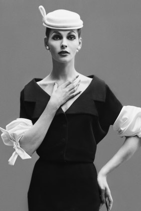 Model Georgia Hamilton wearing Balenciaga bubble sleeve dress, 1953. 