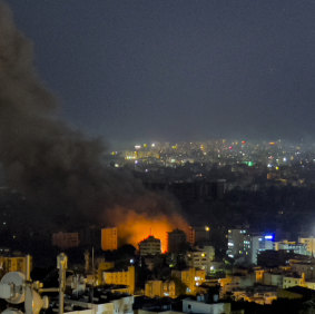 Flames and smoke rise from Israeli airstrikes in Dahiyeh, Beirut.