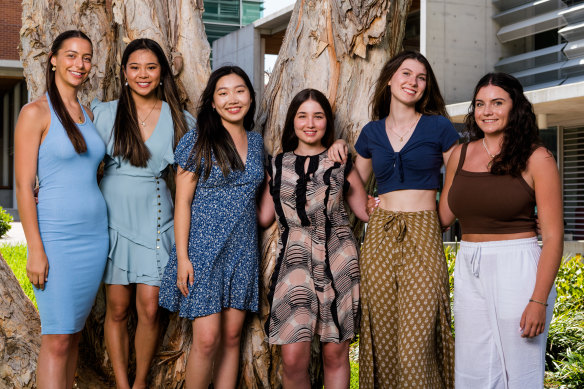 MLC School 2021 year 12 students (pictured left to right) Montana Cominos, Evelyn Doan, Annie Chen, Kylie Becvarovski, Fiona MacKenzie and Vanessa Ryan celebrate their outstanding IB results.