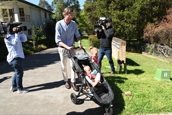 Still the favourite: Dominic Perrottet outside his Beecroft home on Monday.