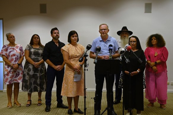 Northern Territory Chief Minister Natasha Fyles (fourth from left) and Prime Minister Anthony Albanese were among those at a meeting in Alice Springs last week.