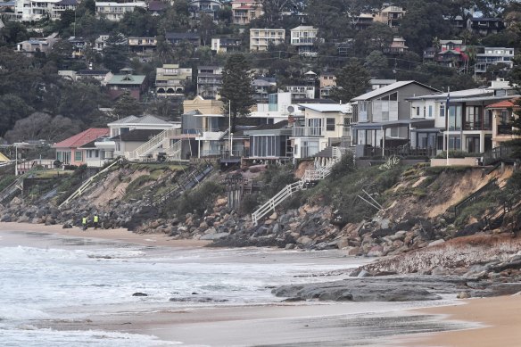 Heavy surf conditions created by a Tasman low threaten to further damage Terrigal Beach at Wamberal.
