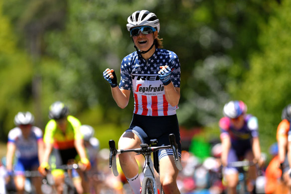 American Ruth Winder from the Trek-Segafredo team celebrates her win in Saturday's stage of the Women's Tour Down Under.