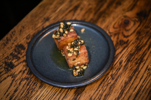 Fried polenta with pine nuts and sage at Embla.