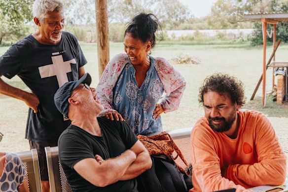 From left: Darrell Sibosado,
lighting designer Damien Cooper,
cultural consultant Audrey (Pippi) Bin
Swani and composer Brendon Boney during a Bangarra team meeting.
