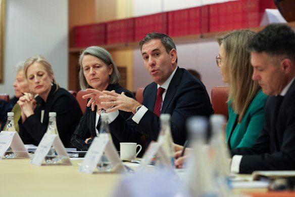 Treasurer Jim Chalmers with (from left) Finance Minister Katy Gallagher, Treasury secretary Jenny Wilkinson and Productivity Commission member Angela Jackson at the roundtable.