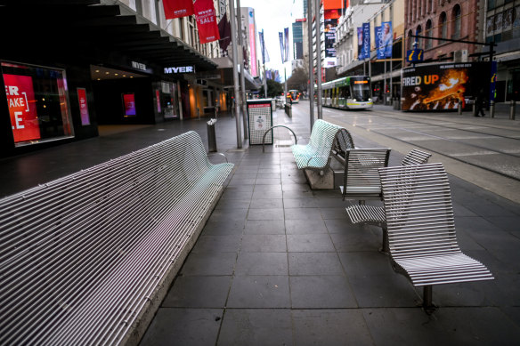 Melbourne’s Bourke Street mall all but empty during Victoria’s most recent lockdown. 