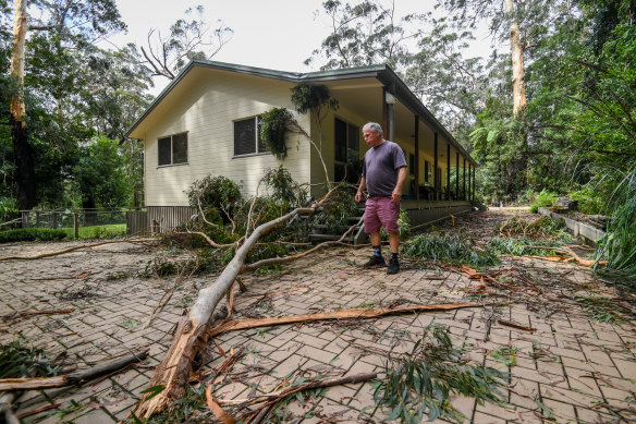 Springbrook resident Scott Miller surveys the storm damage to his home.