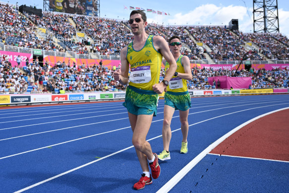 Rhydian Cowley racewalking for Australia at 2022’s Birmingham Commonwealth Games.