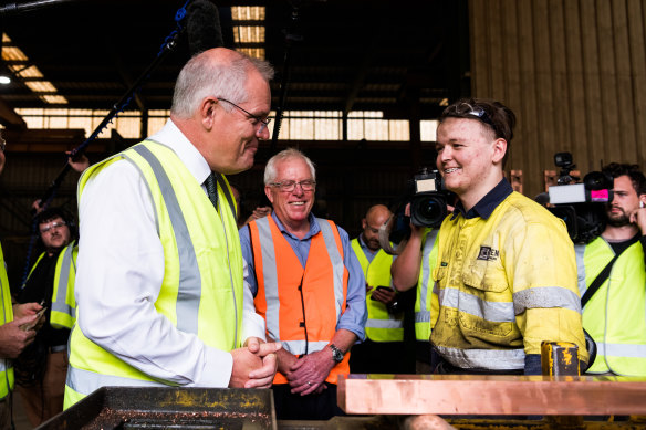 Prime Minister Scott Morrison visiting an engineering firm in the Tasmanian seat of Bass during the election campaign.