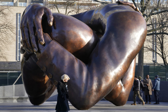 The sculpture, consisting of four intertwined arms, was inspired by a photo of the Kings embracing when MLK learned he had won the Nobel Peace Prize in 1964. 