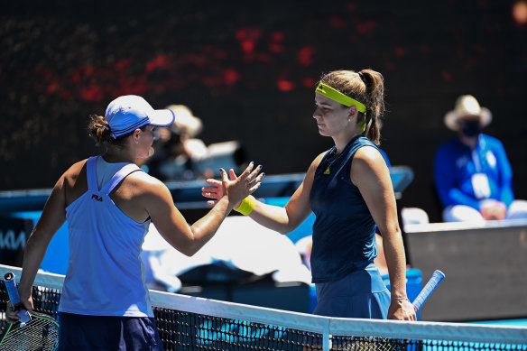Ashleigh Barty, left, and Karolina Muchova, right, after their quarter-final match. 