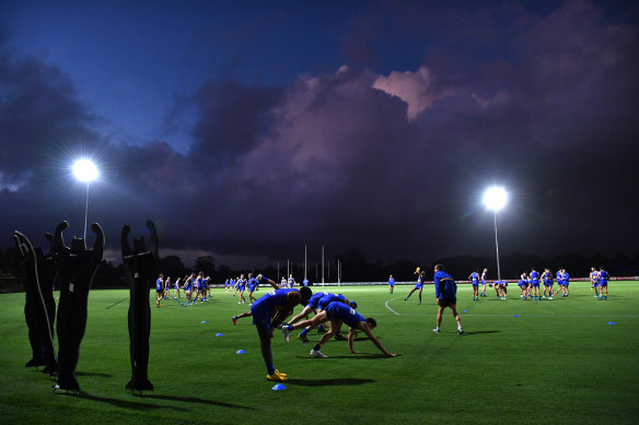 West Coast players train at Metricon Stadium on the Gold Coast.