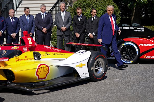US President Donald Trump during an event with racing champions outside the White House on Wednesday.