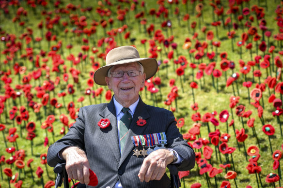 Alan Moore at a Remembrance Day service in 2017. He served on the Kokoda Track with the 39th Battalion.