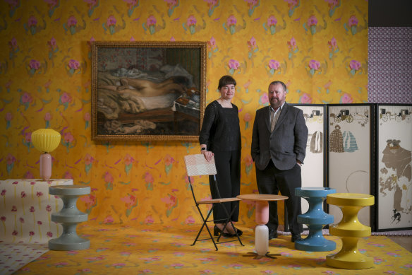 NGV curators Miranda Wallace and Ted Gott with Bonnard's Siesta.