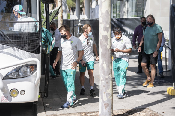 The Australian team emerge from quarantine in Homebush on Thursday.