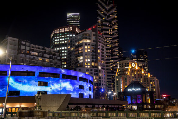Some moving images projected on to Hamer Hall, part of the RISING festival