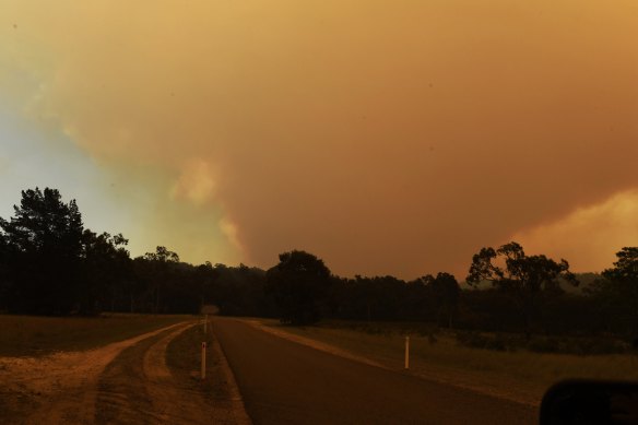 The Gospers Mountain fire in the Wollemi National Park burns strongly under westerly winds on Thursday.