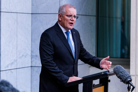 Prime Minister Scott Morrison during the press conference at Parliament House.