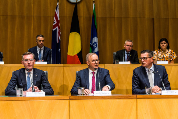 Prime Minister Anthony Albanese with premiers and chief ministers after national cabinet on Friday.