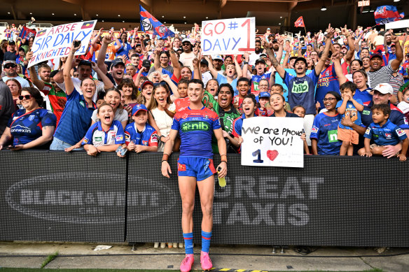 David Armstrong celebrates his Newcastle Knights debut against the Dolphins.