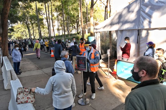 Queues outside the Olympic Park vaccination hub on Thursday morning.