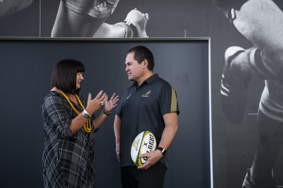 Former Rugby Australia boss Raelene Castle and Dave Rennie at the Wallabies coach's unveiling in January. 