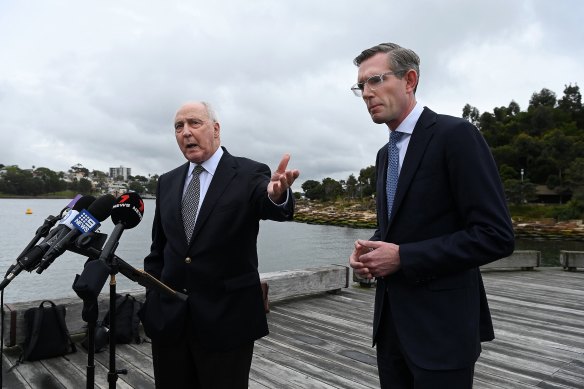 Former prime minister Paul Keating with Premier Dominic Perrottet at Barangaroo.