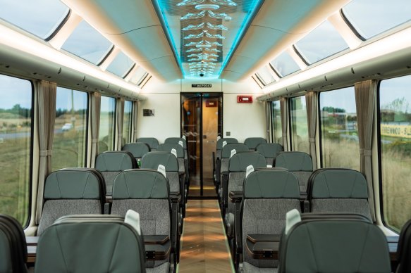 Inside the carriage – the pattern on the ceiling depicts the backbone of the toroa (albatross).