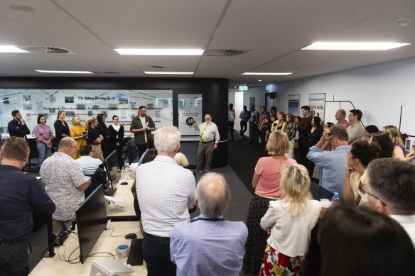 Herald staff gather to hear from Ross Gittins on his 50th anniversary.