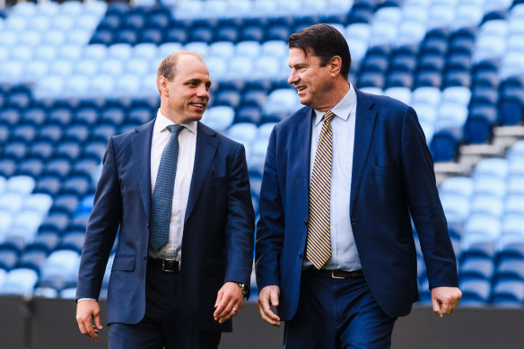 Rugby Australia CEO Phil Waugh, left, and chairman Hamish McLennan at Allianz Stadium in Sydney back in June.