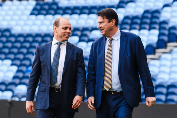 All eyes are on Rugby Australia CEO Phil Waugh, left, and chairman Hamish McLennan.