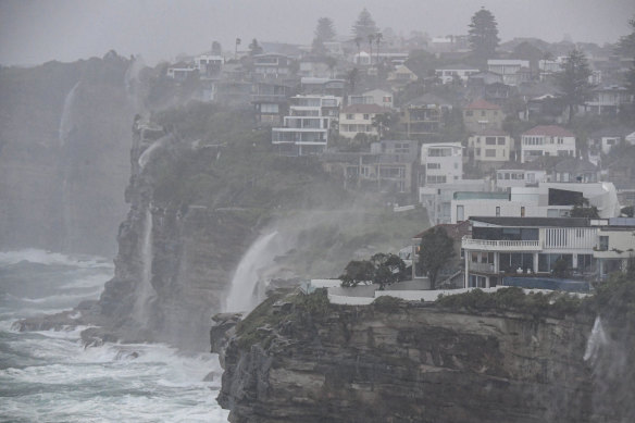 Waterfalls and stormwater blown back  by strong winds at Dover Heights and Diamond Bay during storms that battered Sydney’s coastline this month.