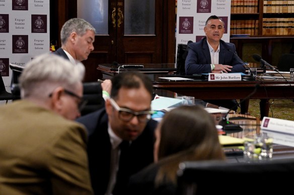 John Barilaro (right) giving evidence during the inquiry in August.