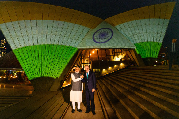 Narendra Modi and Anthony Albanese outside the Opera House with the sails lit up with the Indian flag following bilateral meetings last Wednesday.