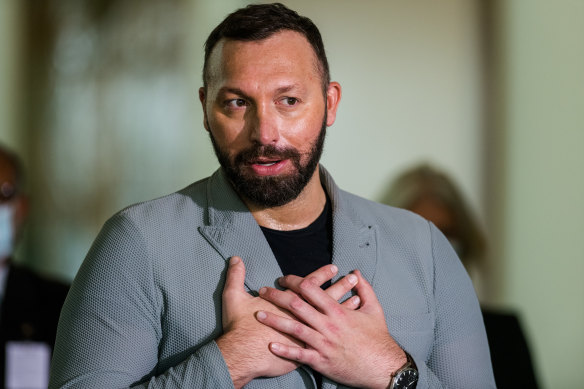 Champion swimmer Ian Thorpe speaks out against the Religious Discrimination Bill at Parliament House on Tuesday. 