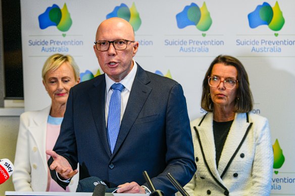 Opposition Leader Peter Dutton, Liberal candidate Katie Allen (left) and shadow health minister Anne Ruston.