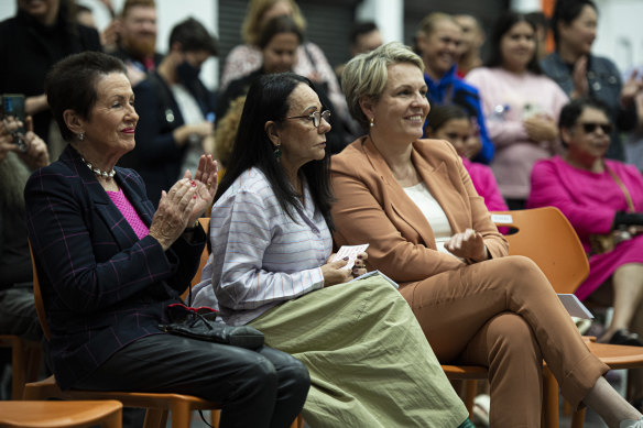 A community meeting in defence of the NCIE. From left, Lord Mayor Clover Moore,  Minister for Indigenous Australians Linda Burney, and Tanya Plibersek, member for Sydney.