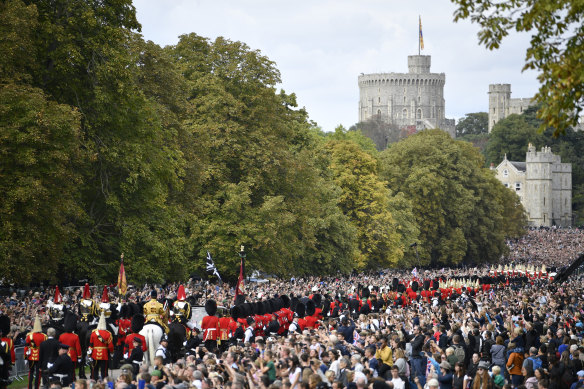 The ceremonial procession of the coffin of Queen Elizabeth II on the Long Walk on its way to Windsor Castle for her burial. 