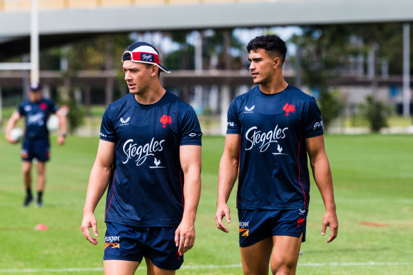 Joey Manu and Joseph Suaalii at Roosters training on Monday.