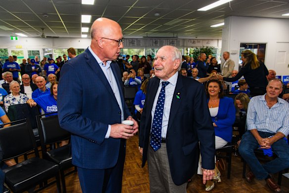 Opposition Leader Peter Dutton with former prime minister John Howard at Mona Vale Bowling Club during the opposition leader’s foray into teal territory.