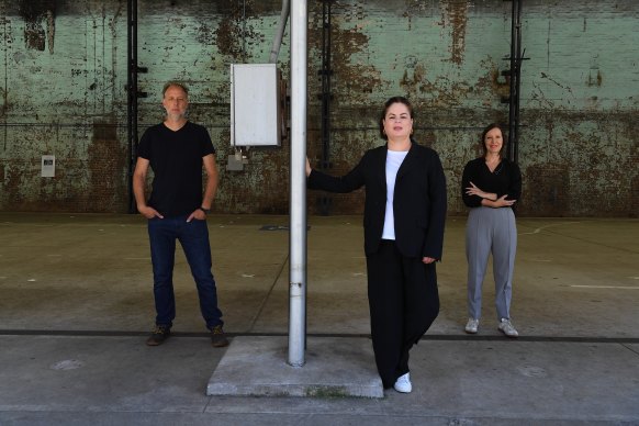 Curators Matt Cox from Art Gallery of NSW (left), Abigail Moncrieff from Carriageworks (centre) and Rachel Kent from MCA (right) at the Carriageworks in Sydney.