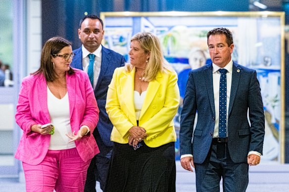 Sarah Mitchell, Gurmesh Singh and Bronnie Taylor with Paul Toole (right), who has confirmed his leadership of the NSW Nationals. 