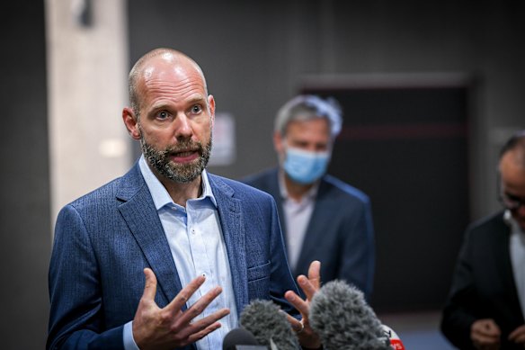 Testing commander Jeroen Weimar speaking to the media on Wednesday.