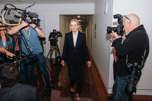  Liberal Party Leader Sussan Ley enters the party meeting on Tuesday morning. 
