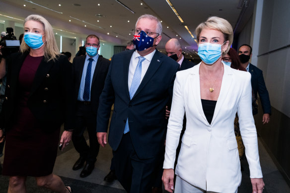 Prime Minister Scott Morrison, with senators Bridget McKenzie, left, and Michaelia Cash. 